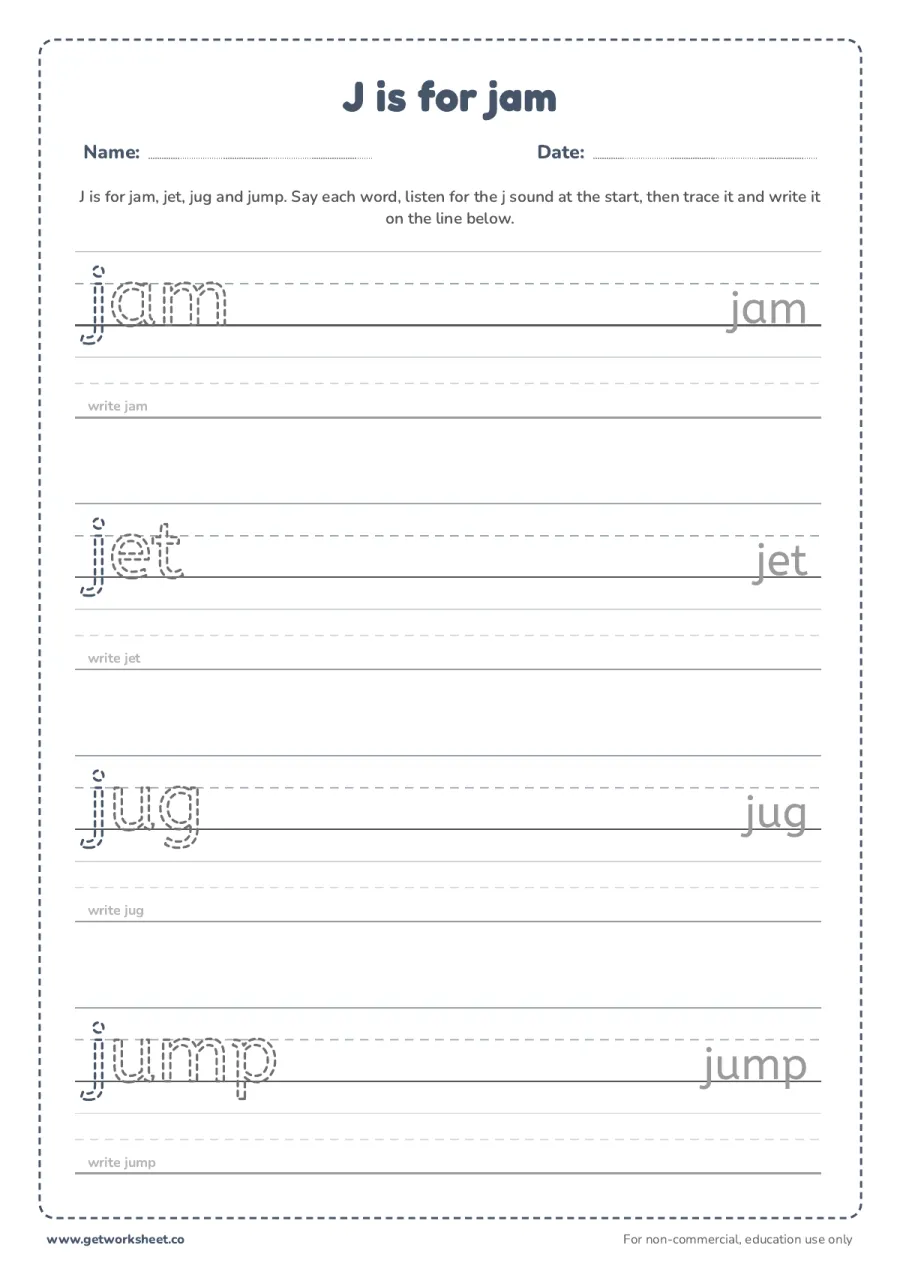 J is for jam: trace the words J is for jam: trace the words – free printable PDF worksheet, page 1 preview (6 free letter J tracing worksheets)