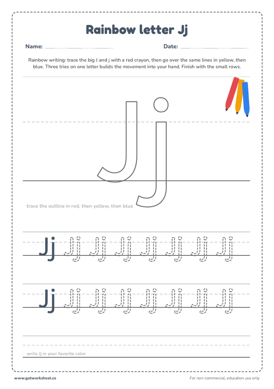 Rainbow letter Jj Rainbow letter Jj – free printable PDF worksheet, page 1 preview (6 free letter J tracing worksheets)