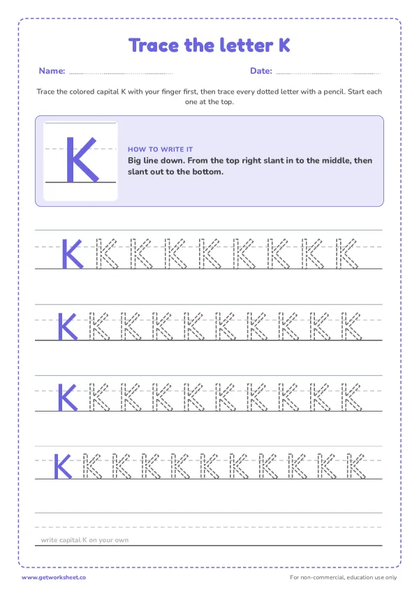 Free letter K tracing worksheets – free printable worksheets preview