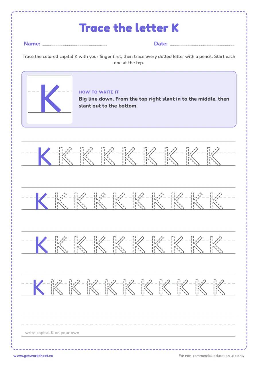 Trace the capital letter K Trace the capital letter K – free printable PDF worksheet, page 1 preview (6 free letter K tracing worksheets)