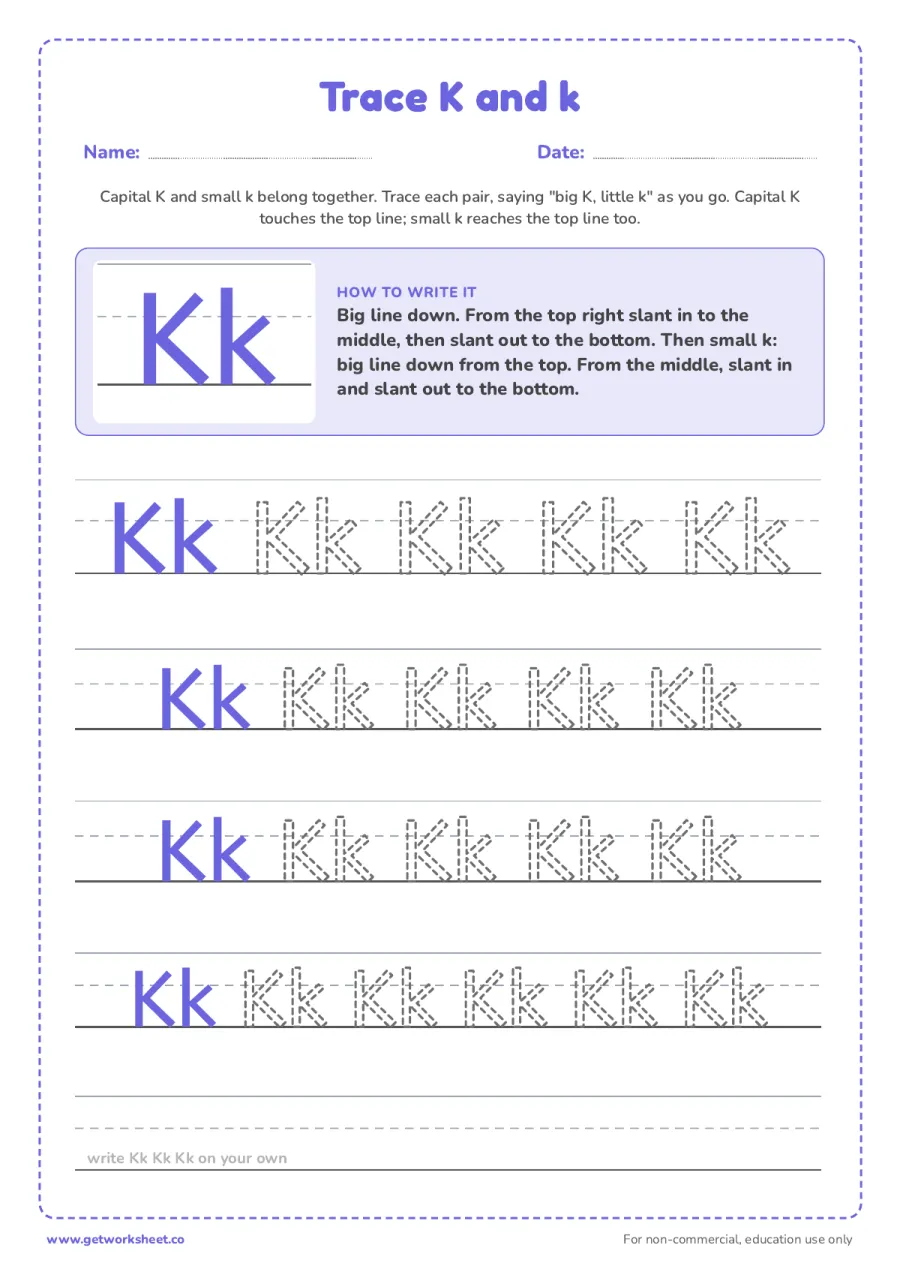 Trace K and k together Trace K and k together – free printable PDF worksheet, page 1 preview (6 free letter K tracing worksheets)