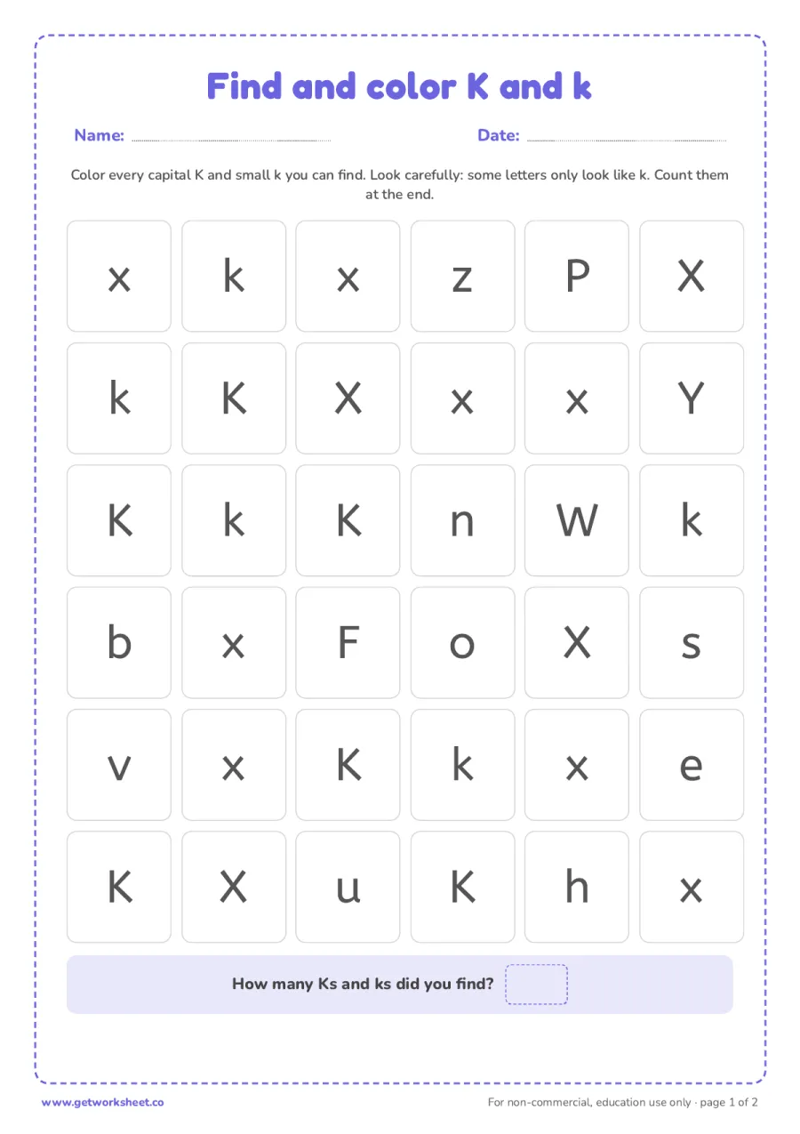 Find and color the letter K and k Find and color the letter K and k – free printable PDF worksheet, page 1 preview (6 free letter K tracing worksheets)