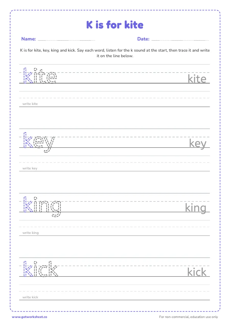 K is for kite: trace the words K is for kite: trace the words – free printable PDF worksheet, page 1 preview (6 free letter K tracing worksheets)