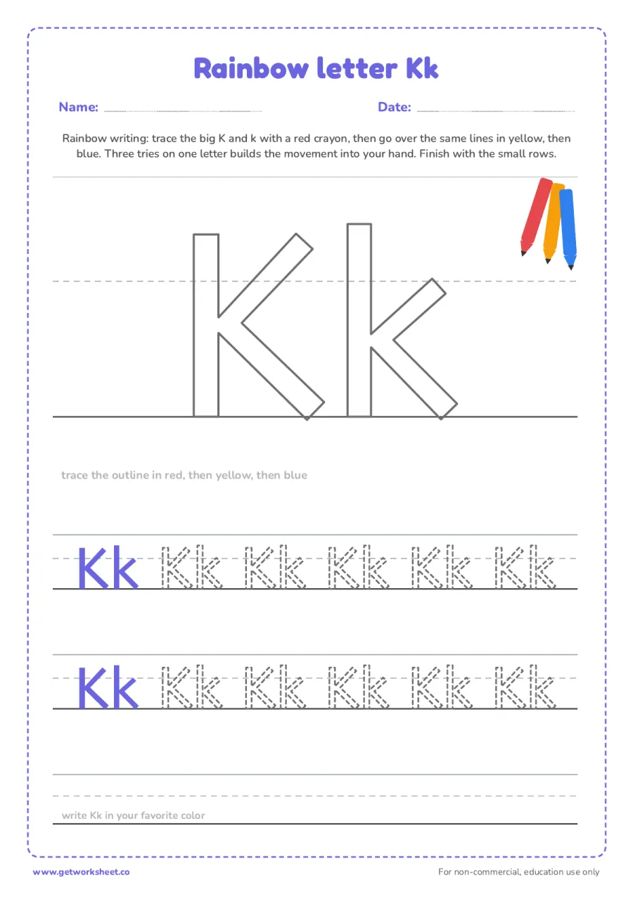 Rainbow letter Kk Rainbow letter Kk – free printable PDF worksheet, page 1 preview (6 free letter K tracing worksheets)