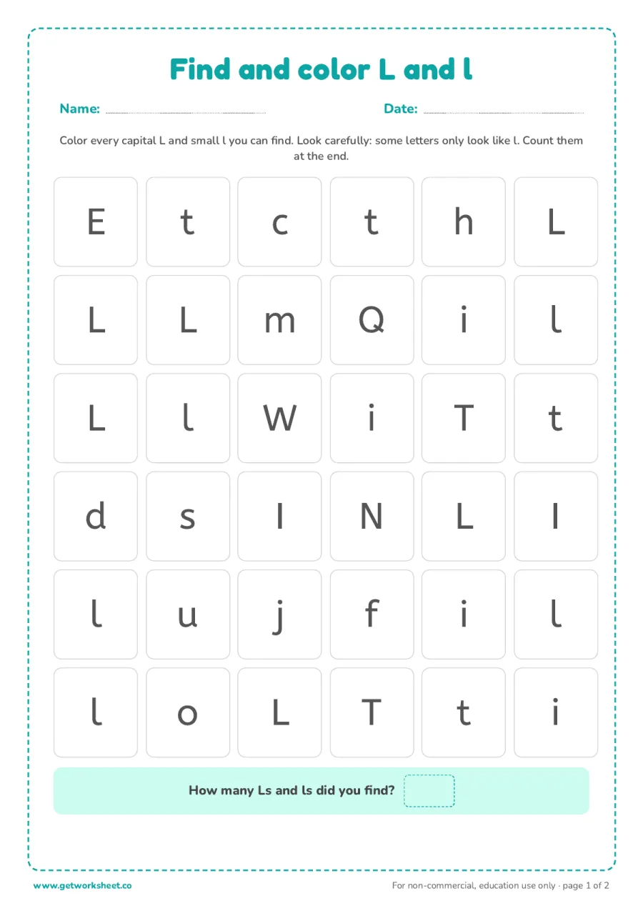 Find and color the letter L and l – free printable PDF worksheet, page 1 preview (6 free letter L tracing worksheets)