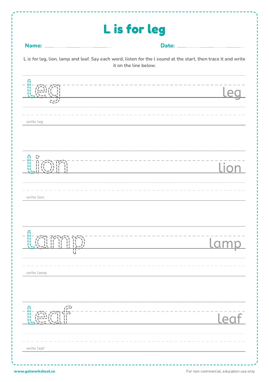 L is for leg: trace the words – free printable PDF worksheet, page 1 preview (6 free letter L tracing worksheets)