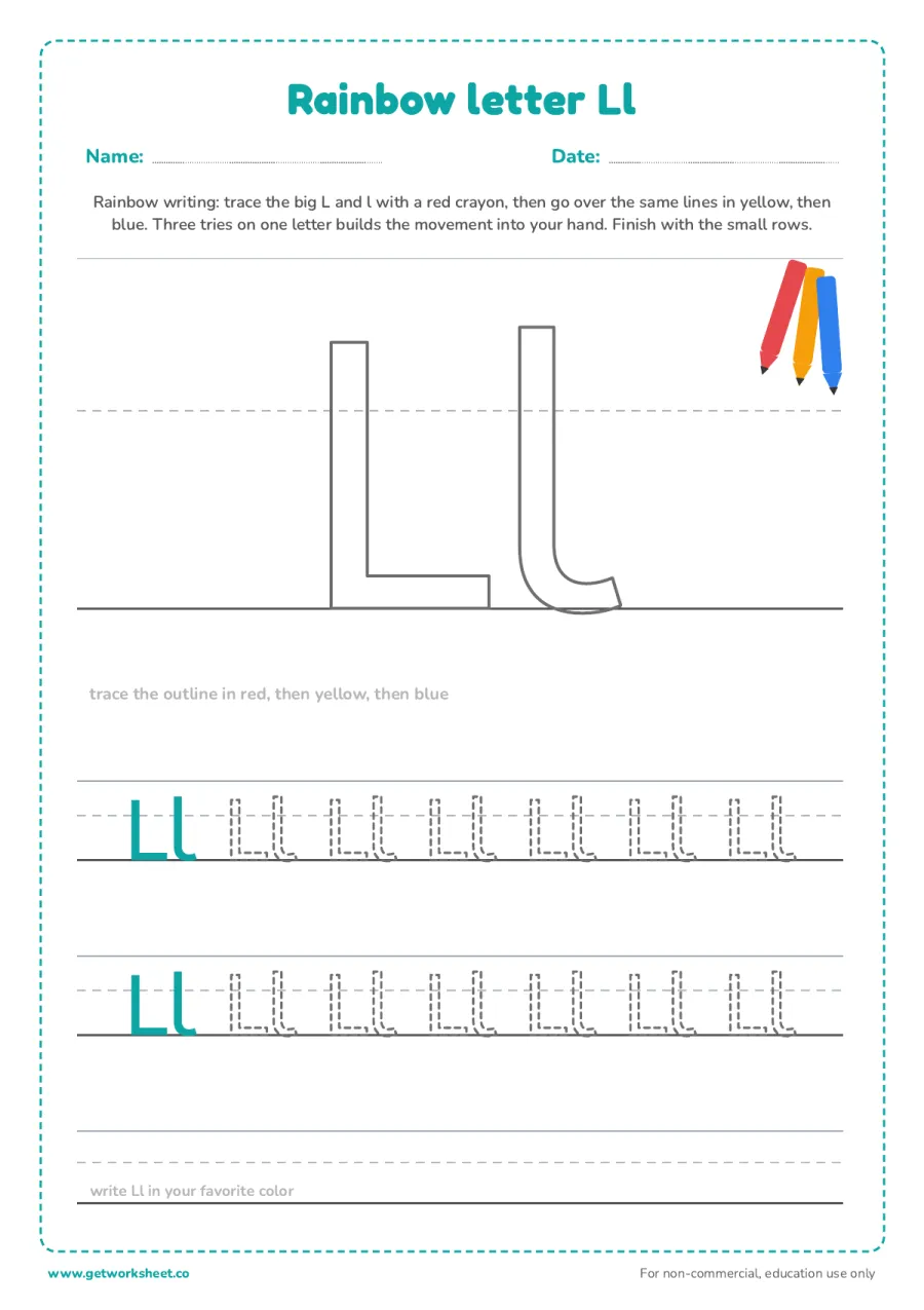Rainbow letter Ll – free printable PDF worksheet, page 1 preview (6 free letter L tracing worksheets)