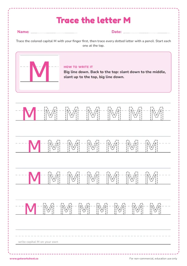 Free letter M tracing worksheets – free printable worksheets preview