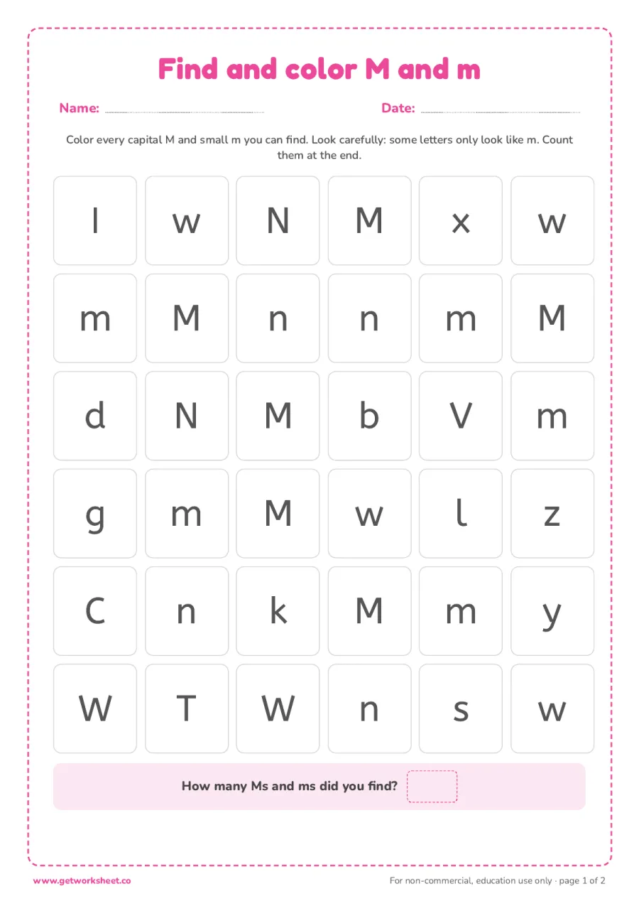 Find and color the letter M and m – free printable PDF worksheet, page 1 preview (6 free letter M tracing worksheets)