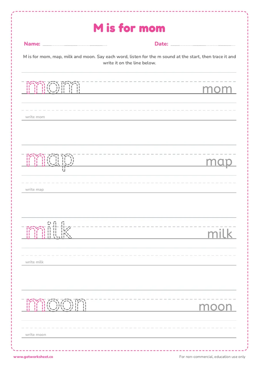 M is for mom: trace the words – free printable PDF worksheet, page 1 preview (6 free letter M tracing worksheets)