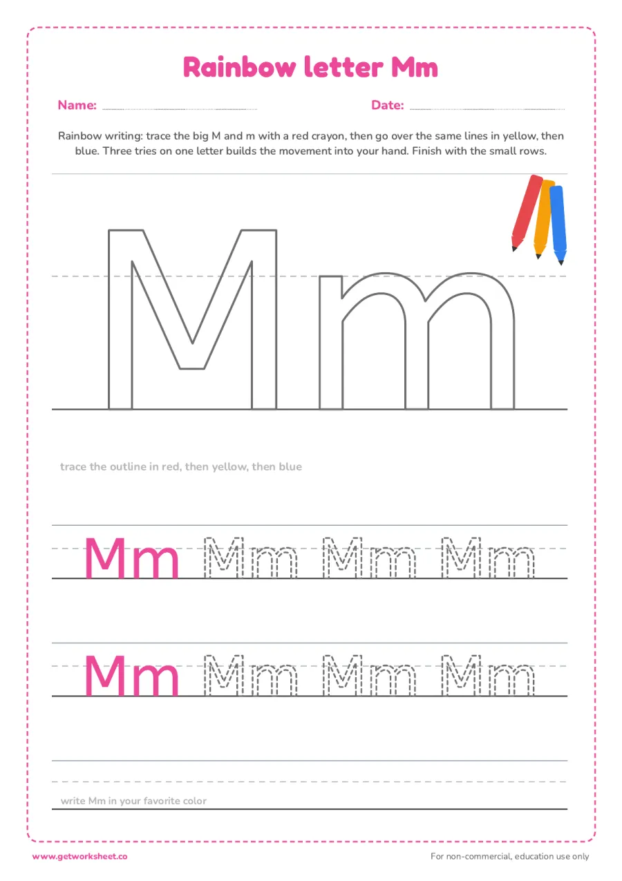 Rainbow letter Mm – free printable PDF worksheet, page 1 preview (6 free letter M tracing worksheets)