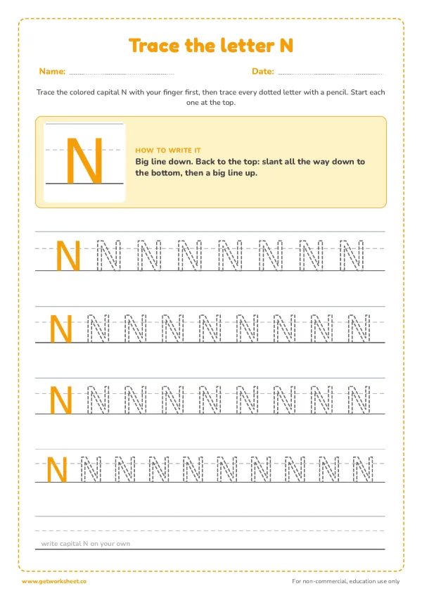 Free letter N tracing worksheets – free printable worksheets preview