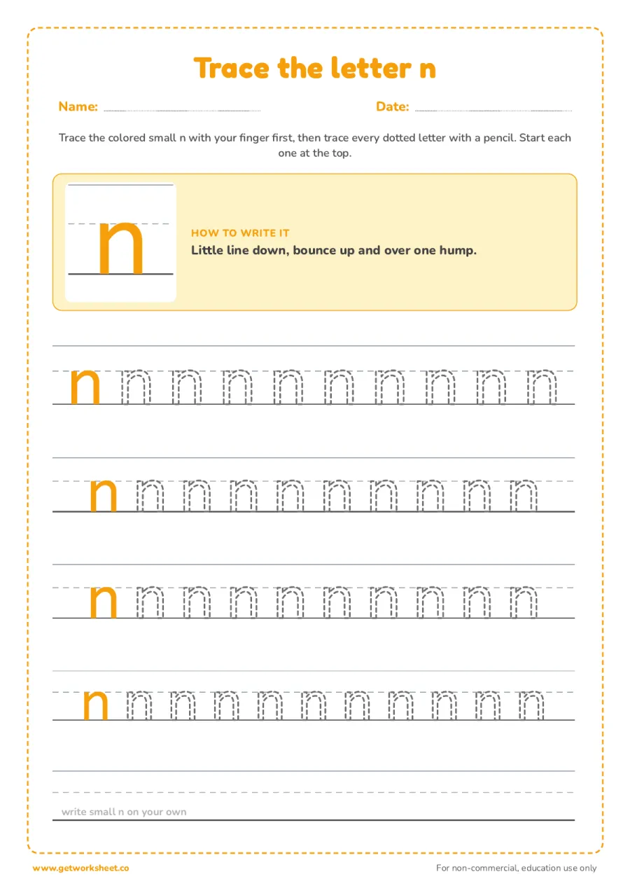 Trace the lowercase letter n Trace the lowercase letter n – free printable PDF worksheet, page 1 preview (6 free letter N tracing worksheets)