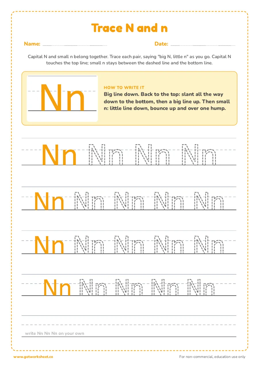 Trace N and n together Trace N and n together – free printable PDF worksheet, page 1 preview (6 free letter N tracing worksheets)