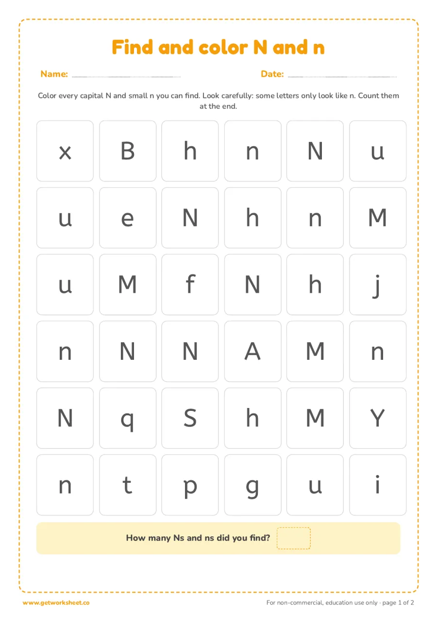 Find and color the letter N and n Find and color the letter N and n – free printable PDF worksheet, page 1 preview (6 free letter N tracing worksheets)