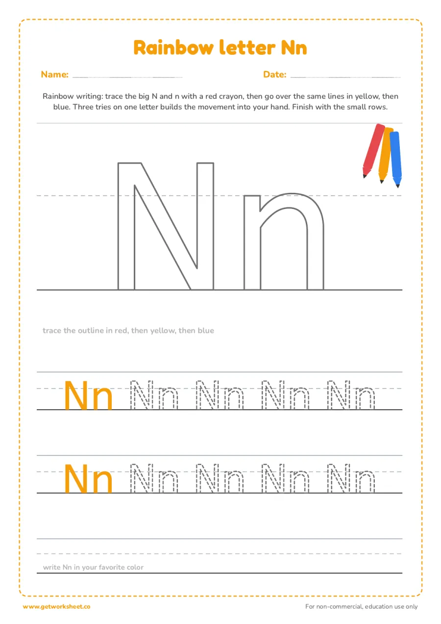 Rainbow letter Nn Rainbow letter Nn – free printable PDF worksheet, page 1 preview (6 free letter N tracing worksheets)
