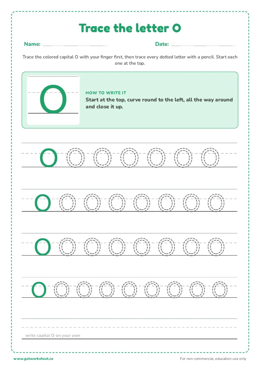 Trace the capital letter O Trace the capital letter O – free printable PDF worksheet, page 1 preview (6 free letter O tracing worksheets)