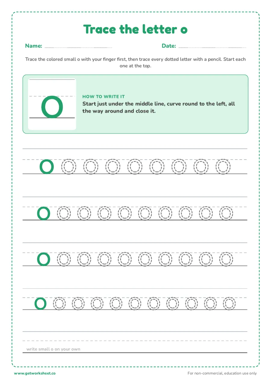 Trace the lowercase letter o Trace the lowercase letter o – free printable PDF worksheet, page 1 preview (6 free letter O tracing worksheets)