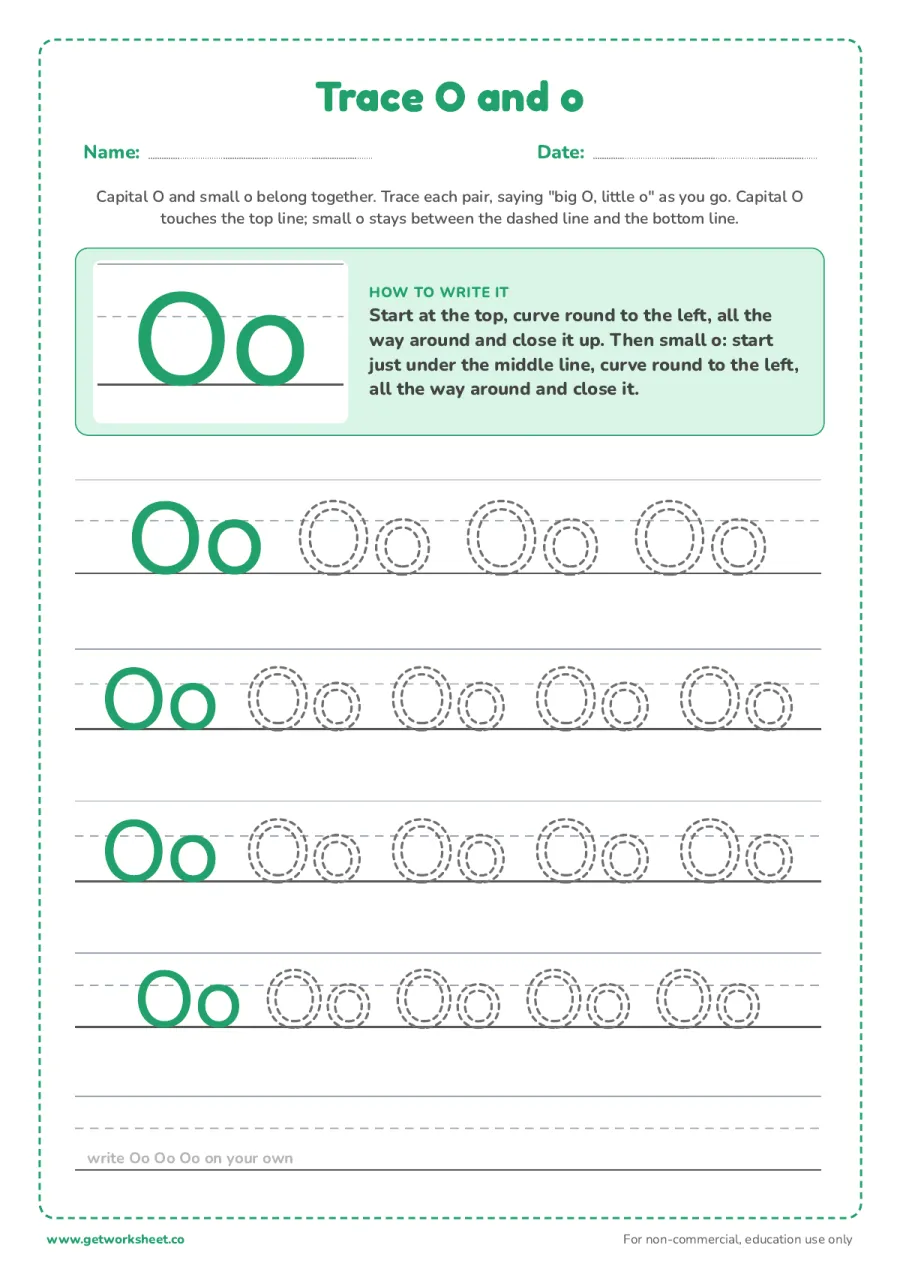 Trace O and o together Trace O and o together – free printable PDF worksheet, page 1 preview (6 free letter O tracing worksheets)