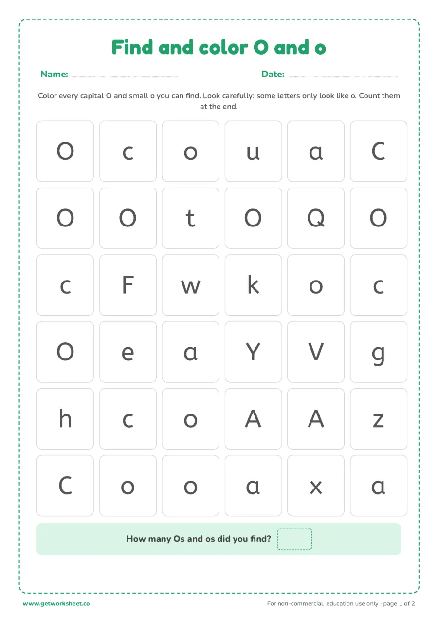 Find and color the letter O and o Find and color the letter O and o – free printable PDF worksheet, page 1 preview (6 free letter O tracing worksheets)