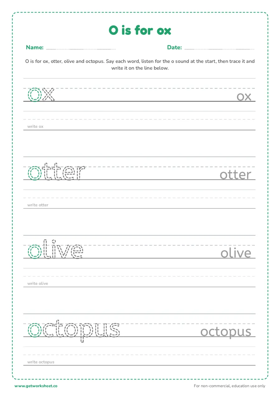 O is for ox: trace the words O is for ox: trace the words – free printable PDF worksheet, page 1 preview (6 free letter O tracing worksheets)