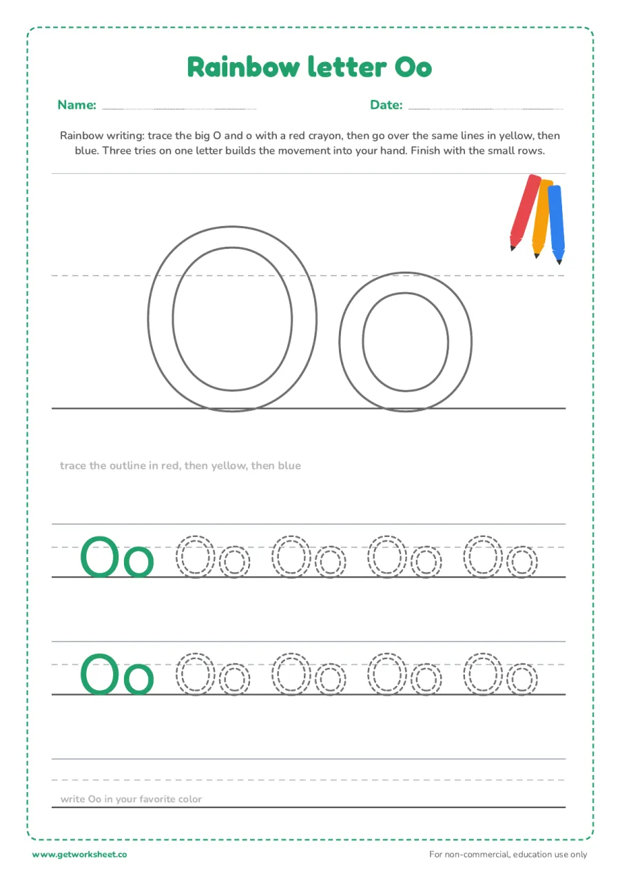 Rainbow letter Oo Rainbow letter Oo – free printable PDF worksheet, page 1 preview (6 free letter O tracing worksheets)