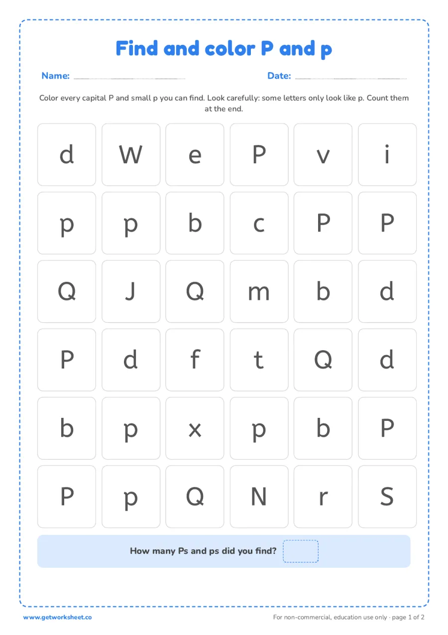 Find and color the letter P and p – free printable PDF worksheet, page 1 preview (6 free letter P tracing worksheets)