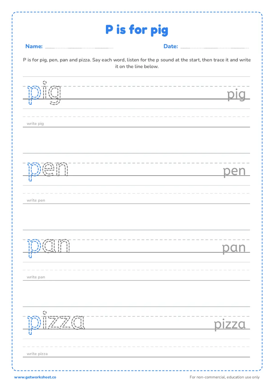 P is for pig: trace the words – free printable PDF worksheet, page 1 preview (6 free letter P tracing worksheets)