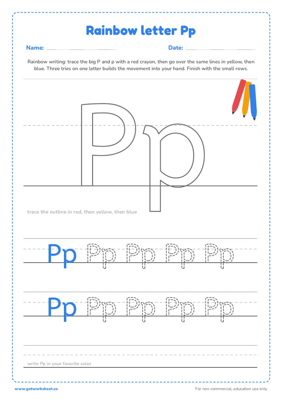 Rainbow letter Pp – free printable PDF worksheet, page 1 preview (6 free letter P tracing worksheets)