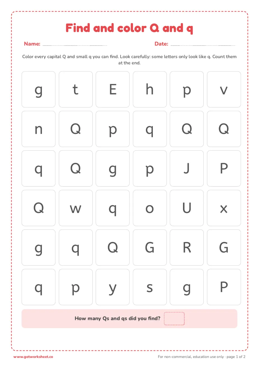 Find and color the letter Q and q Find and color the letter Q and q – free printable PDF worksheet, page 1 preview (6 free letter Q tracing worksheets)