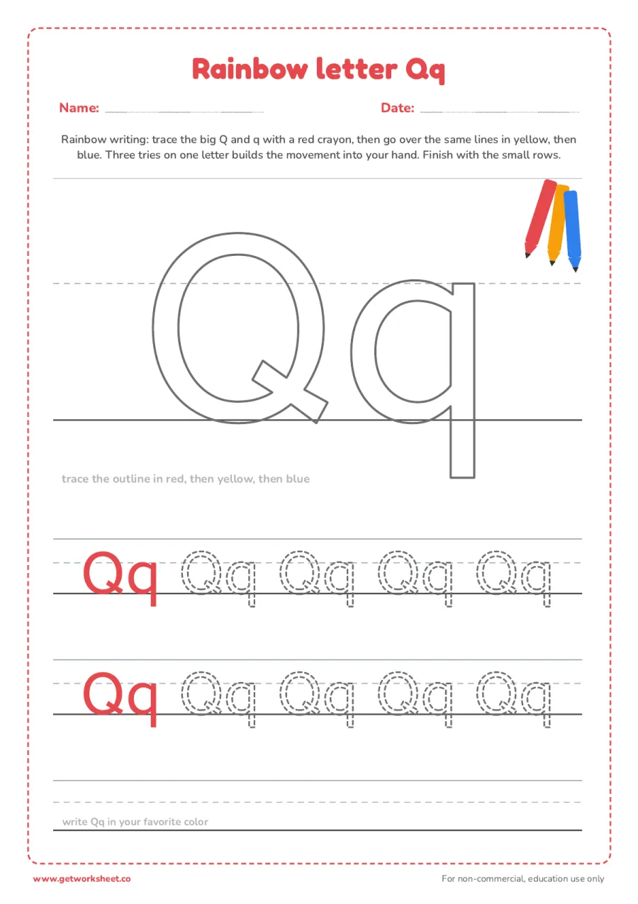 Rainbow letter Qq Rainbow letter Qq – free printable PDF worksheet, page 1 preview (6 free letter Q tracing worksheets)