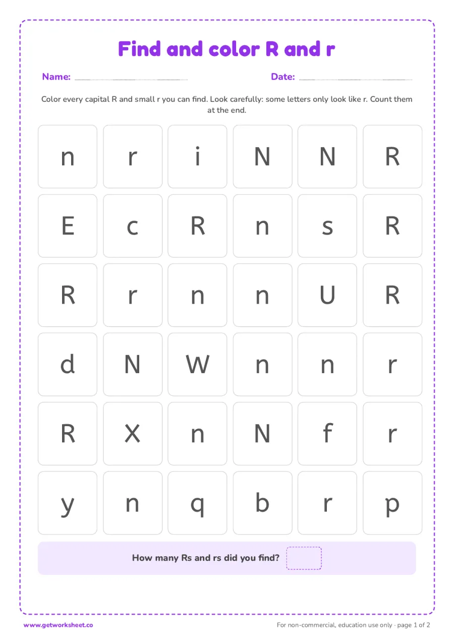 Find and color the letter R and r – free printable PDF worksheet, page 1 preview (6 free letter R tracing worksheets)