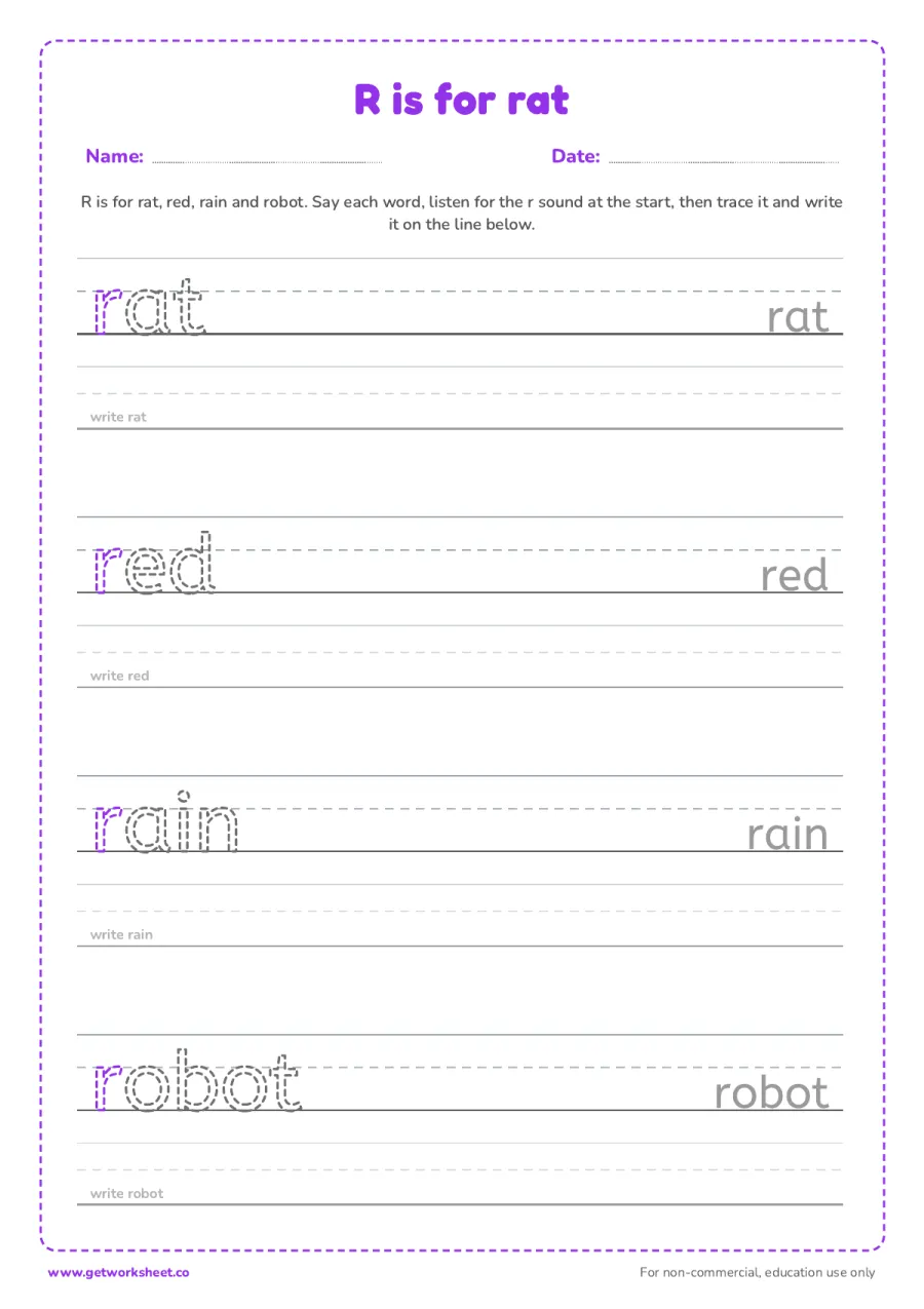 R is for rat: trace the words – free printable PDF worksheet, page 1 preview (6 free letter R tracing worksheets)