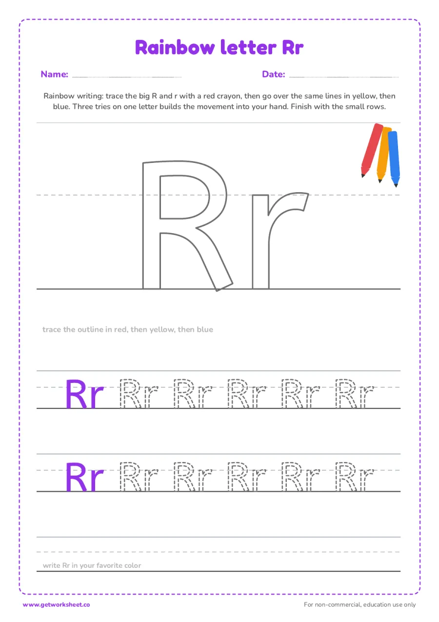 Rainbow letter Rr – free printable PDF worksheet, page 1 preview (6 free letter R tracing worksheets)
