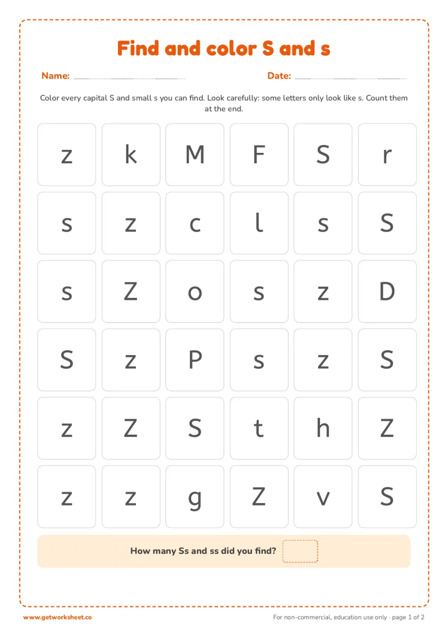 Find and color the letter S and s – free printable PDF worksheet, page 1 preview (6 free letter S tracing worksheets)