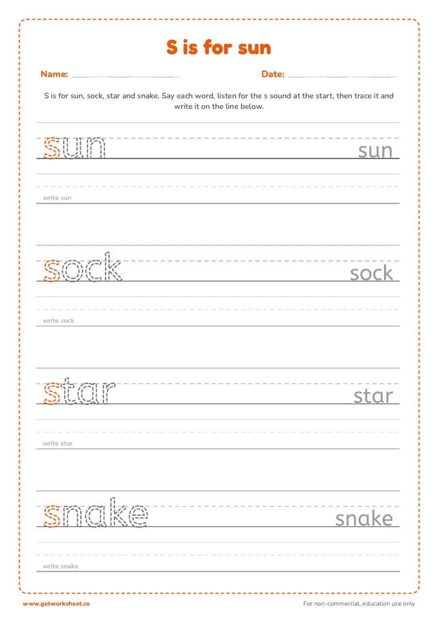 S is for sun: trace the words – free printable PDF worksheet, page 1 preview (6 free letter S tracing worksheets)