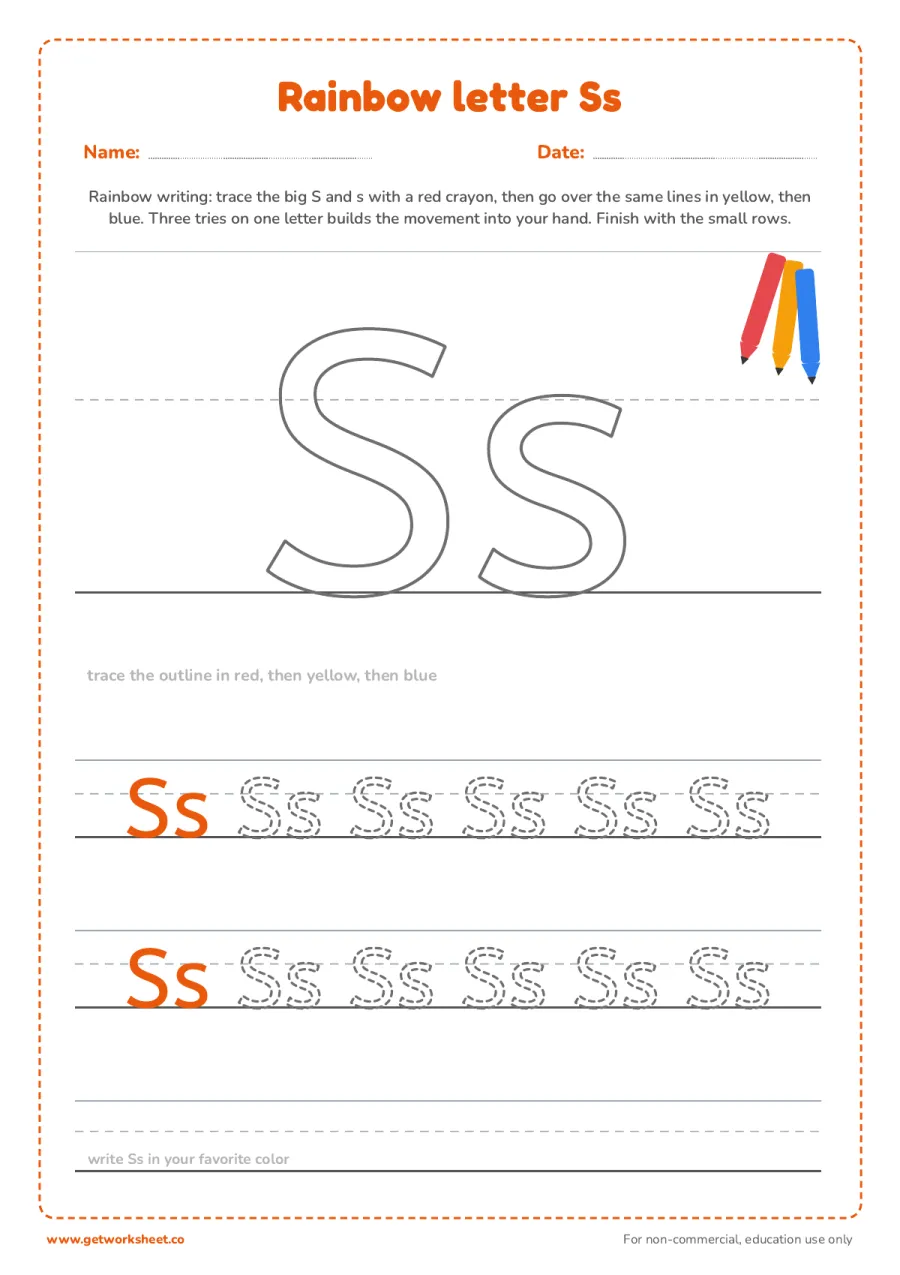 Rainbow letter Ss – free printable PDF worksheet, page 1 preview (6 free letter S tracing worksheets)