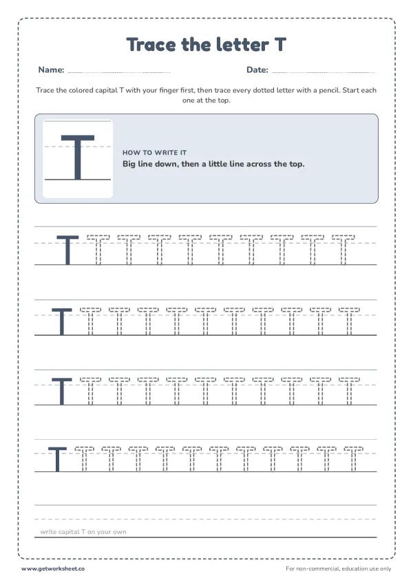 Free letter T tracing worksheets – free printable worksheets preview
