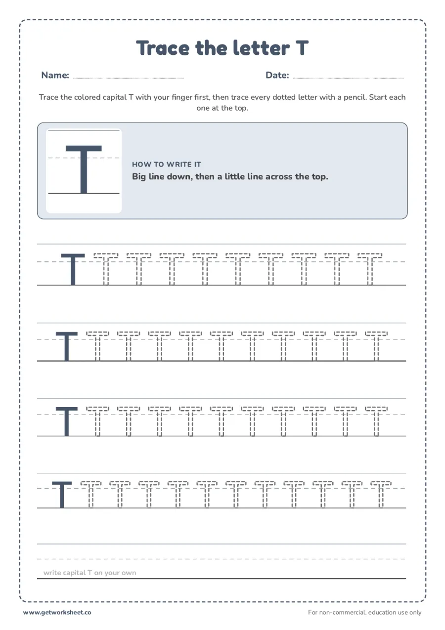 Trace the capital letter T Trace the capital letter T – free printable PDF worksheet, page 1 preview (6 free letter T tracing worksheets)
