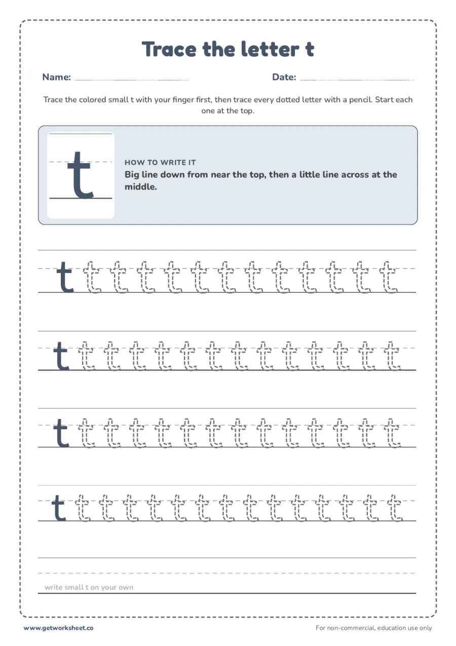 Trace the lowercase letter t Trace the lowercase letter t – free printable PDF worksheet, page 1 preview (6 free letter T tracing worksheets)
