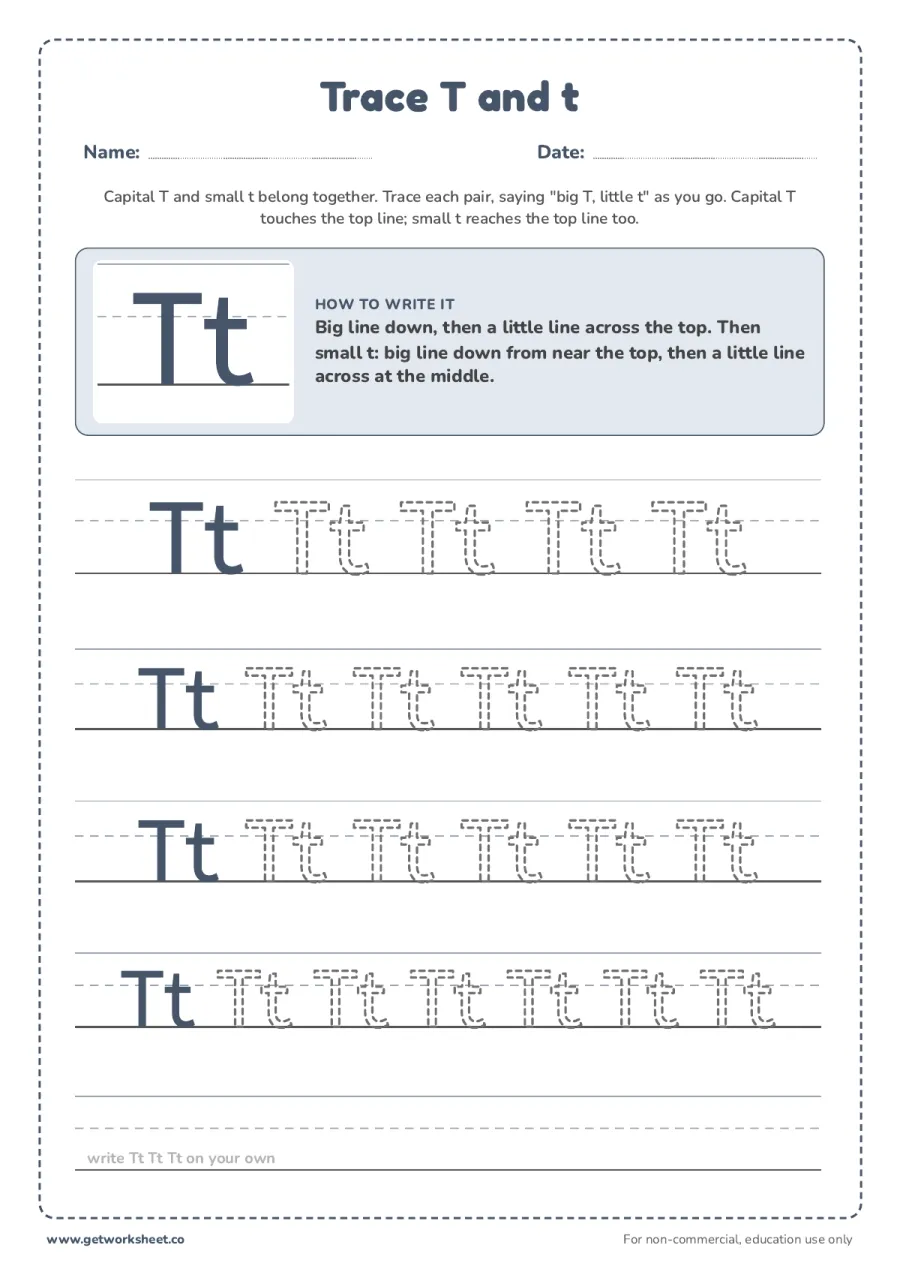 Trace T and t together Trace T and t together – free printable PDF worksheet, page 1 preview (6 free letter T tracing worksheets)