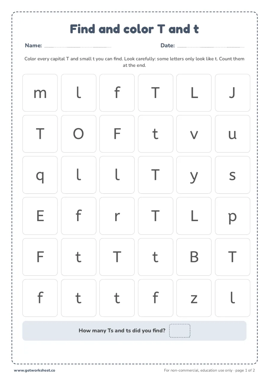 Find and color the letter T and t Find and color the letter T and t – free printable PDF worksheet, page 1 preview (6 free letter T tracing worksheets)