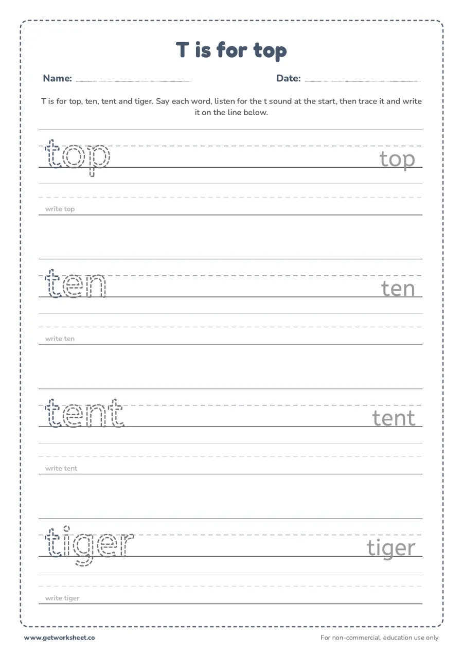 T is for top: trace the words T is for top: trace the words – free printable PDF worksheet, page 1 preview (6 free letter T tracing worksheets)