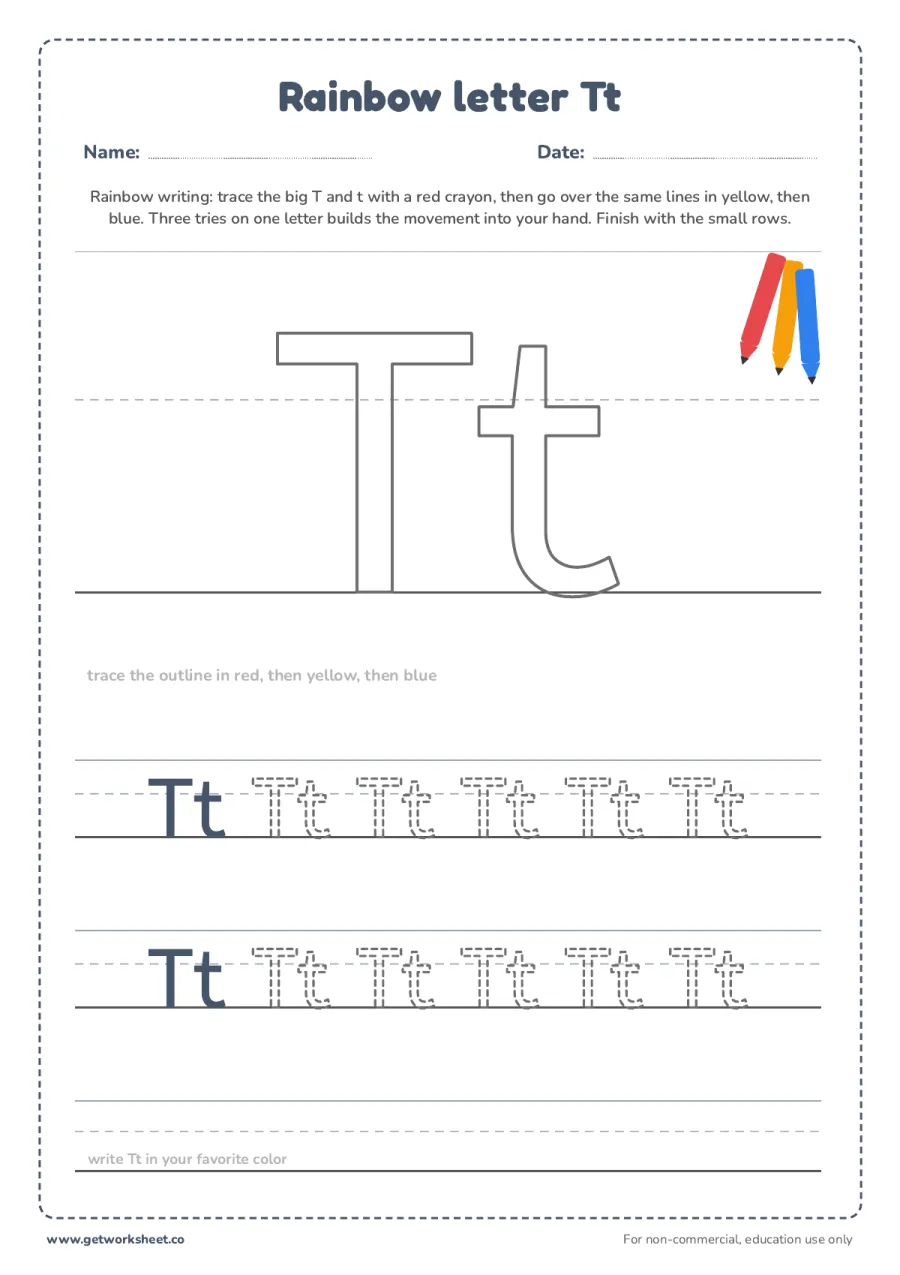 Rainbow letter Tt Rainbow letter Tt – free printable PDF worksheet, page 1 preview (6 free letter T tracing worksheets)