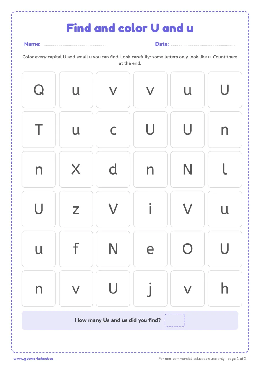 Find and color the letter U and u – free printable PDF worksheet, page 1 preview (6 free letter U tracing worksheets)