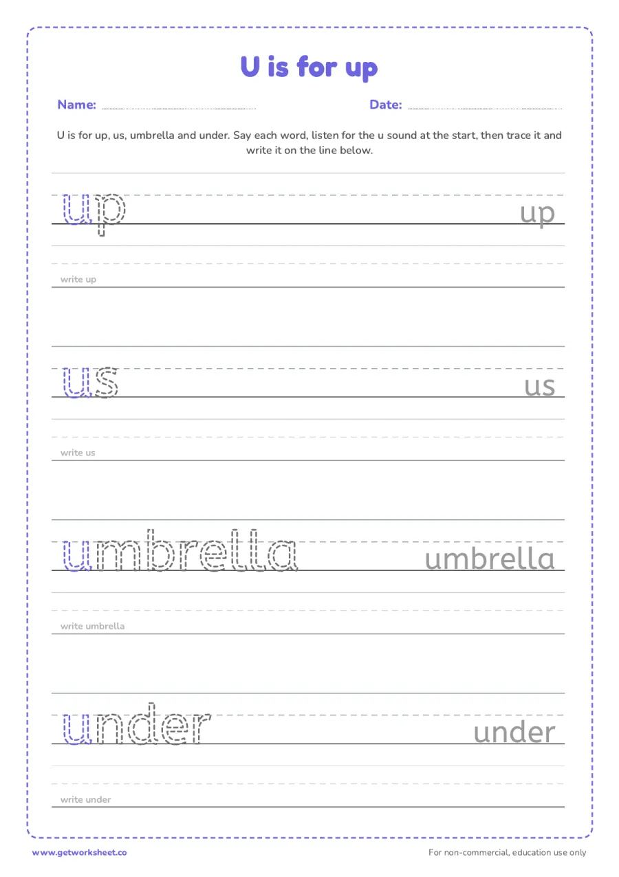 U is for up: trace the words – free printable PDF worksheet, page 1 preview (6 free letter U tracing worksheets)