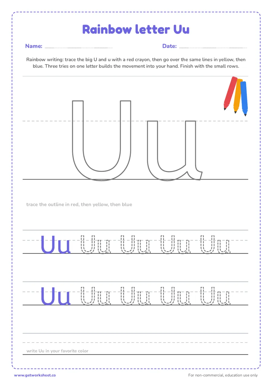 Rainbow letter Uu – free printable PDF worksheet, page 1 preview (6 free letter U tracing worksheets)