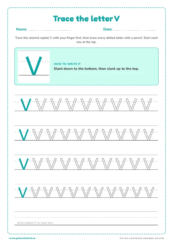 Free letter V tracing worksheets – free printable worksheets preview
