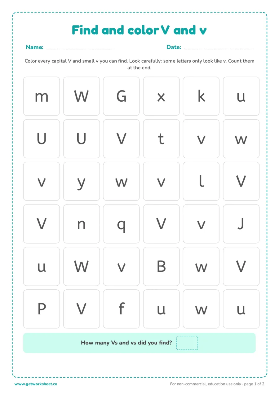 Find and color the letter V and v – free printable PDF worksheet, page 1 preview (6 free letter V tracing worksheets)
