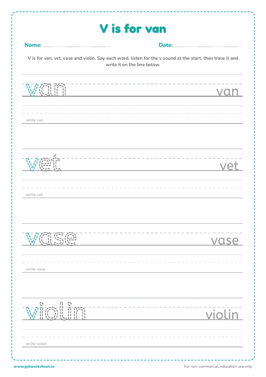 V is for van: trace the words – free printable PDF worksheet, page 1 preview (6 free letter V tracing worksheets)